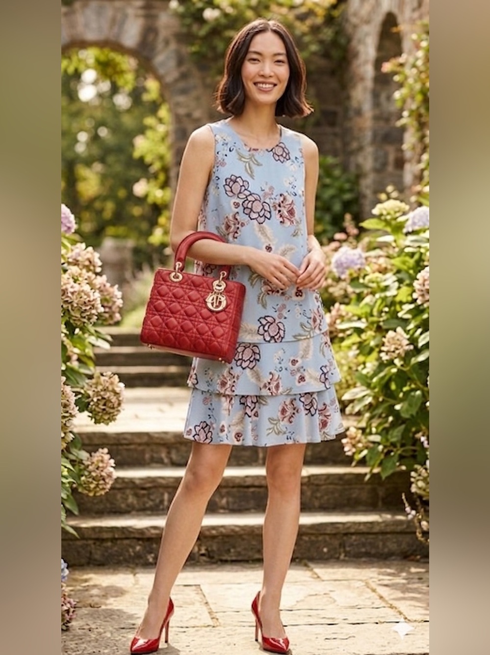 Elegant: Ralph Lauren Tiered Floral Dress in Light Blue